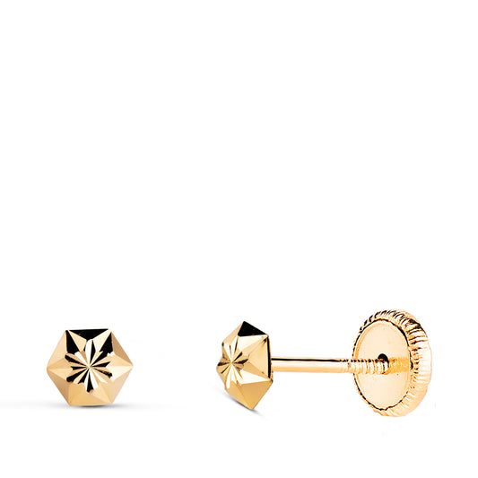 18K PENDIENTES ORO AMARILLO CLAVO ESTRELLA TALLADOS. MEDIDA: 5 X 4,5 MM. CIERRE TUERCA