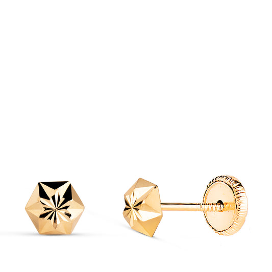 18K PENDIENTES ORO AMARILLO CLAVO ESTRELLA TALLADOS. MEDIDA: 5,5 X 5 MM. CIERRE TUERCA