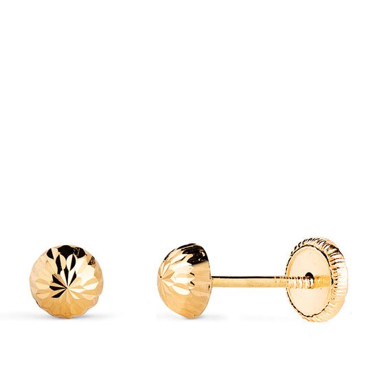 18K PENDIENTES ORO AMARILLO MEDIA BOLA TALLADA HUECA. ANCHO: 5 MM. CIERRE TUERCA