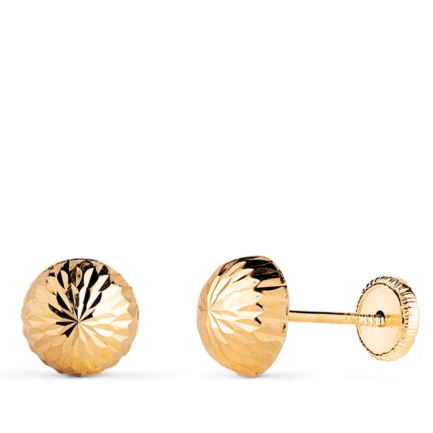 18K PENDIENTES ORO AMARILLO MEDIA BOLA TALLADA HUECA. ANCHO: 7 MM. CIERRE TUERCA