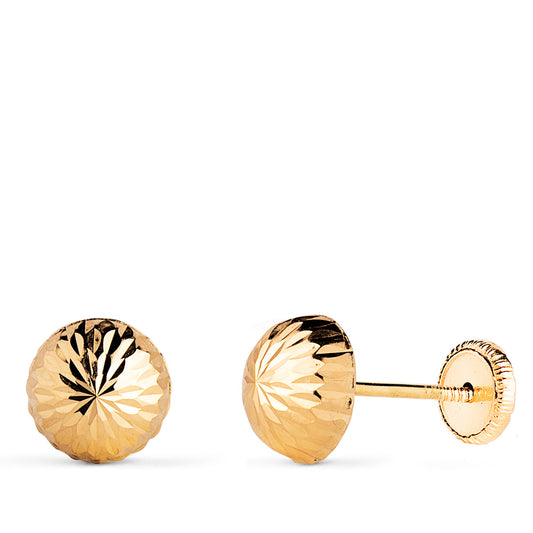 18K PENDIENTES ORO AMARILLO MEDIA BOLA TALLADA HUECA. ANCHO: 7 MM. CIERRE TUERCA