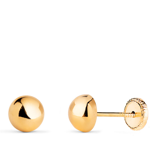 Pendientes Media Bola Lisa Hueca. Ancho: 6 mm. Cierre Tuerca de oro amarillo 18K