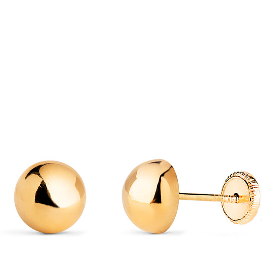Pendientes Media Bola Lisa Hueca. Ancho: 7 mm. Cierre Tuerca de oro amarillo 18K