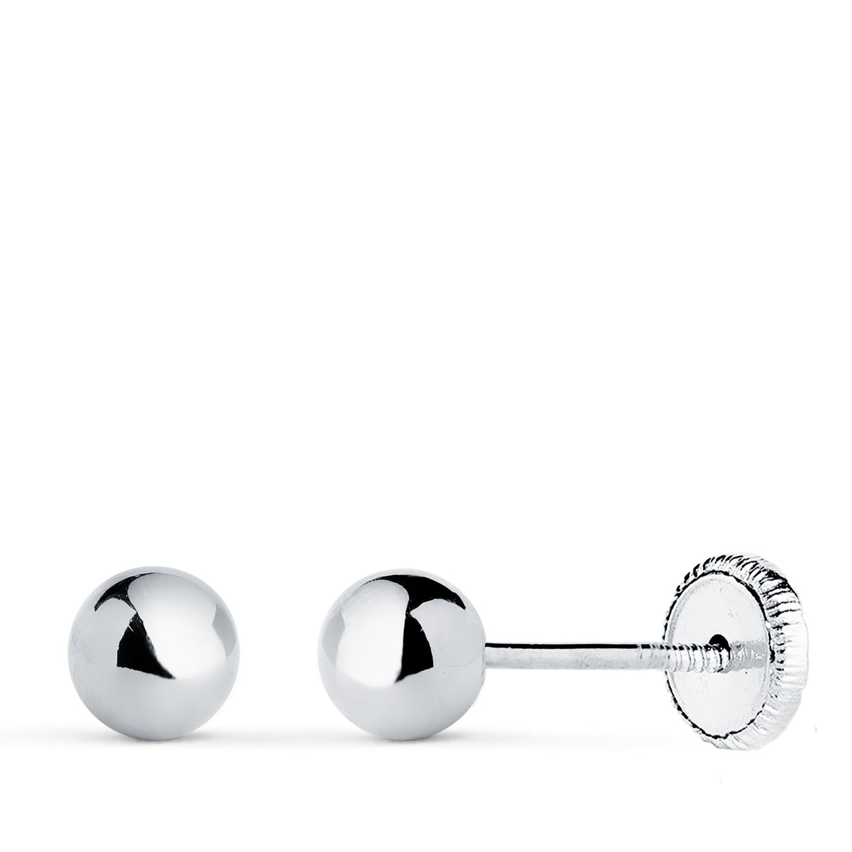 Pendientes Bola Lisa Brilla Hueca. Ancho: 5 mm. Cierre Tuerca de oro blanco 18K