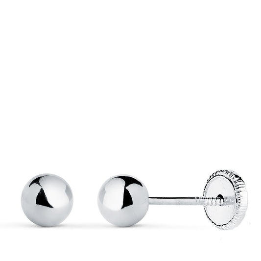 Pendientes Bola Lisa Brilla Hueca. Ancho: 5 mm. Cierre Tuerca de oro blanco 18K