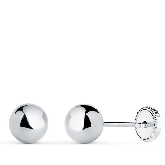 18K PENDIENTES ORO BLANCO BOLA LISA BRILLA HUECA. ANCHO: 6 MM. CIERRE TUERCA