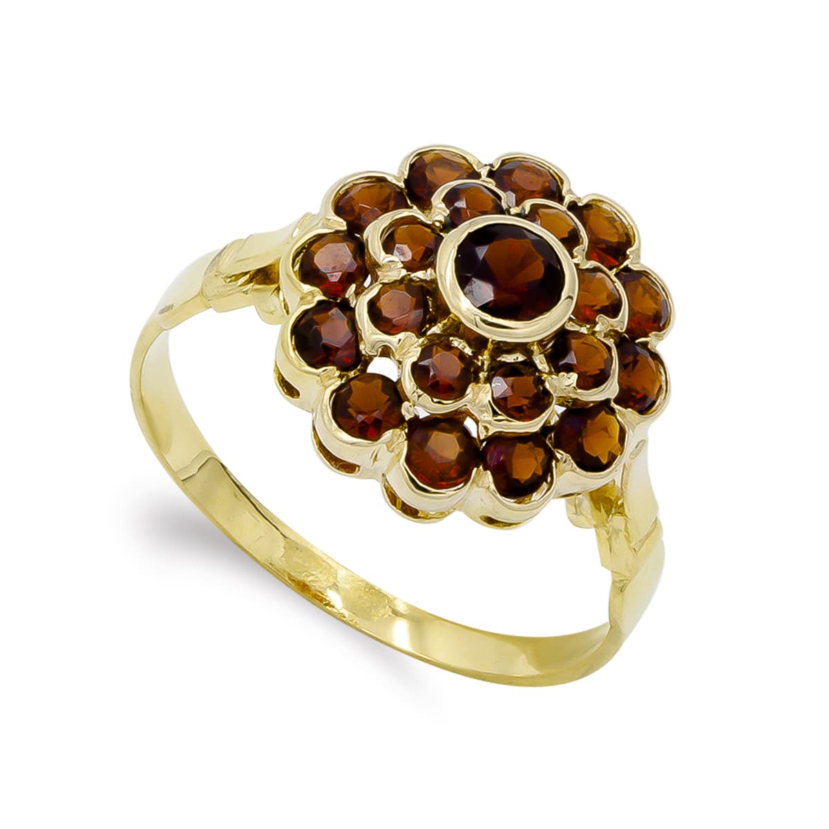 Sortija Cuajo Granates. Ancho: 13,5 mm de oro amarillo 18K