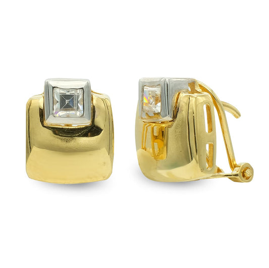18K PENDIENTES ORO BICOLOR CUADROS CON CIRCONITA CIERRE OMEGA
