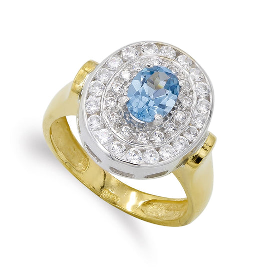 18K SORTIJA ORO BICOLOR AGUAMARINA Y CIRCONITAS. 16X14 MM
