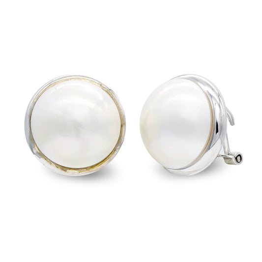 18K PENDIENTES ORO BLANCO Y PERLA JAPONESA CON CERCO LISO 14-16 MM CIERRE OMEGA