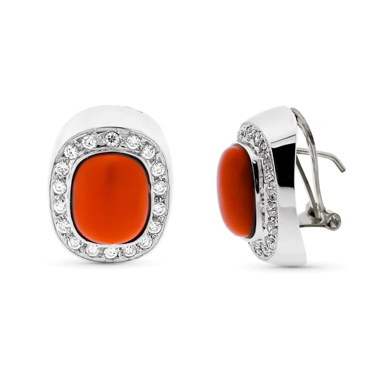 Pendientes y Coral Fino con Circonita de oro blanco 18K