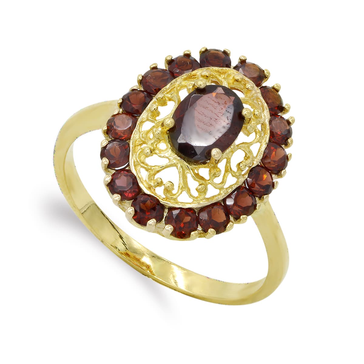 18K SORTIJA ORO AMARILLO MOTIVO OVAL FILILGRANA CON GRANATES. MEDIDA 17,5 X 14 MM. PIEDRA CENTRAL: 7 X 5 MM