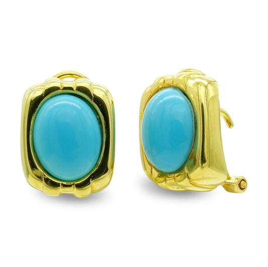 18K PENDIENTES ORO AMARILLO TURQUESA OVAL CIERRE OMEGA