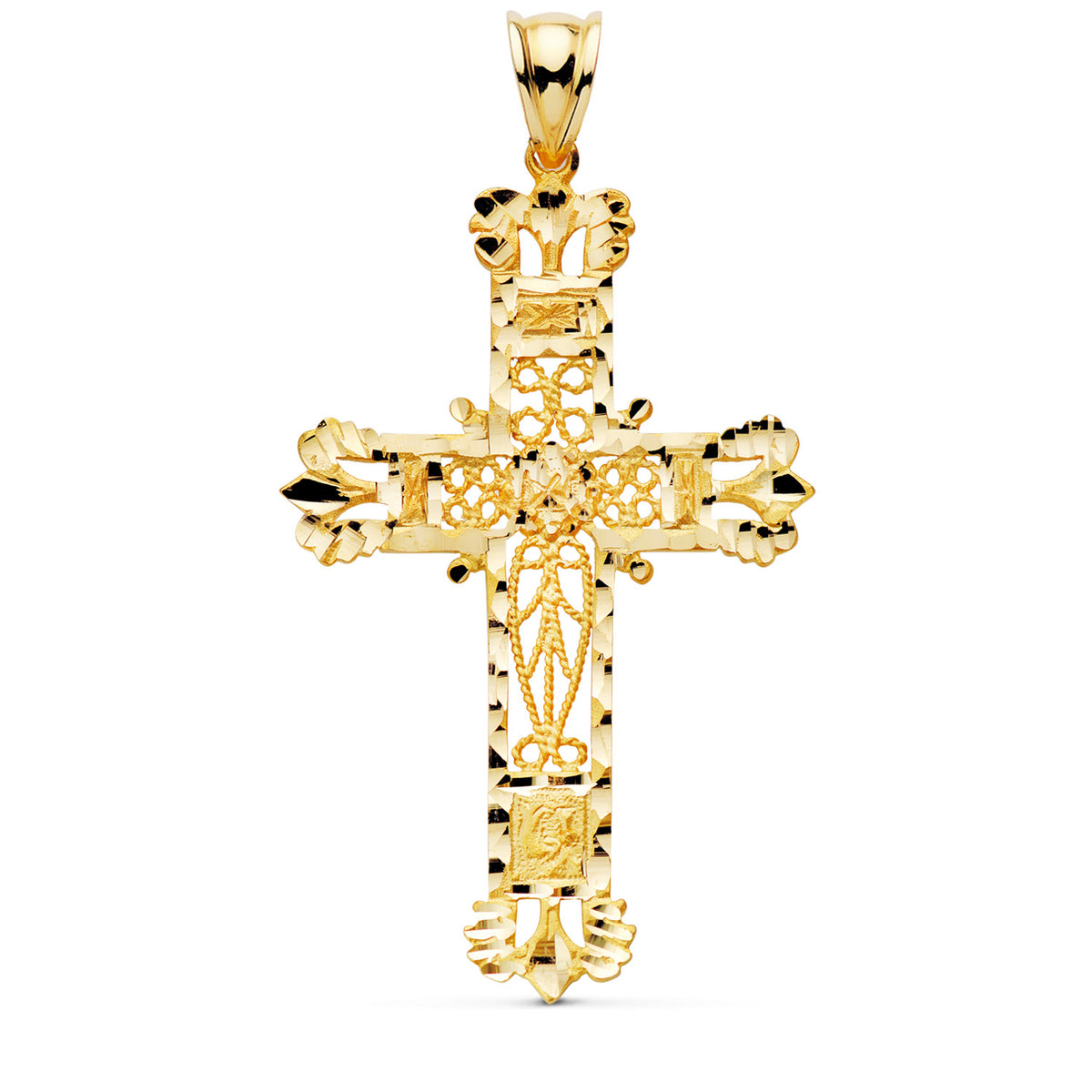 Cruz Filigrana Bordes Tallados. 58 x 35 mm de oro amarillo 18K