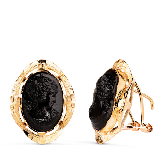 Pendientes Camafeo Negro Cerco Tallado. Medida: 19 x 15 mm. de oro amarillo 18K