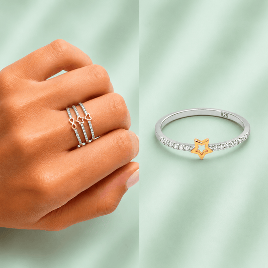Anillo bicolor estrella de plata de ley con baño de oro de 14 quilates - Joyería Zafir