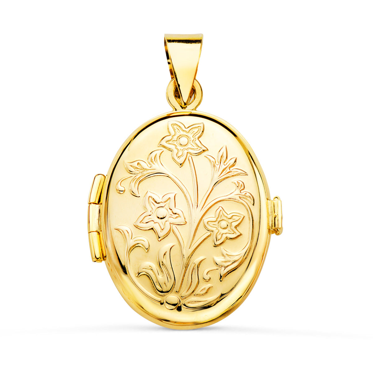 Guardapelo Dije Portafotos Oval Labrado. 24 x 17 mm de oro amarillo 18K