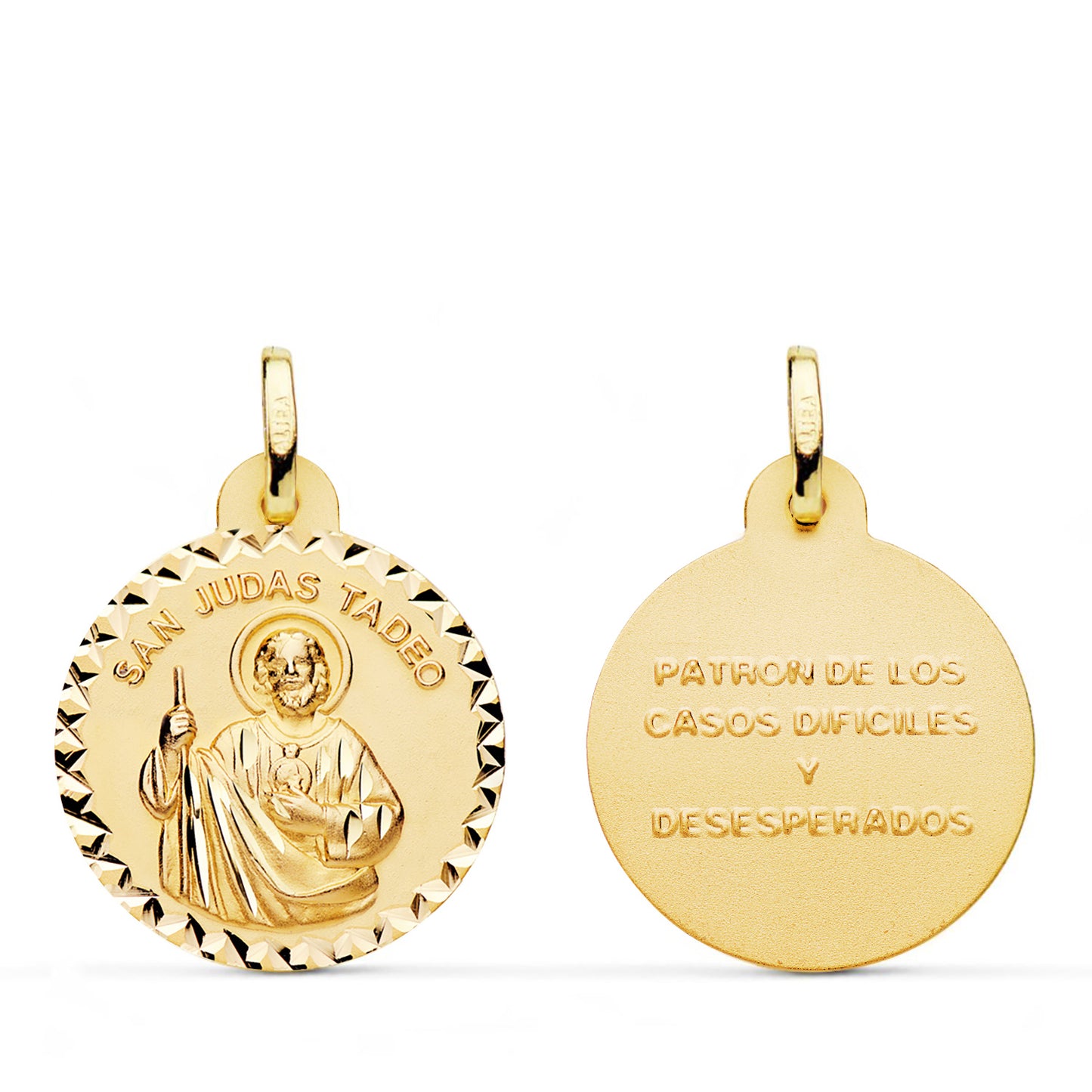 Medalla San Judas Tadeo Borde Talla Cruzada. Medida: 20 mm de oro amarillo 18K