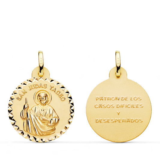 Medalla San Judas Tadeo Borde Talla Cruzada. Medida: 20 mm de oro amarillo 18K