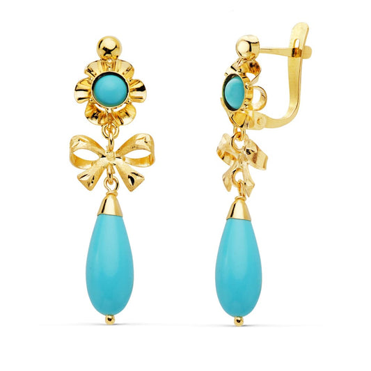18K PENDIENTES ORO AMARILLO LAZO TURQUESA 33X10 MM CIERRE CATALAN