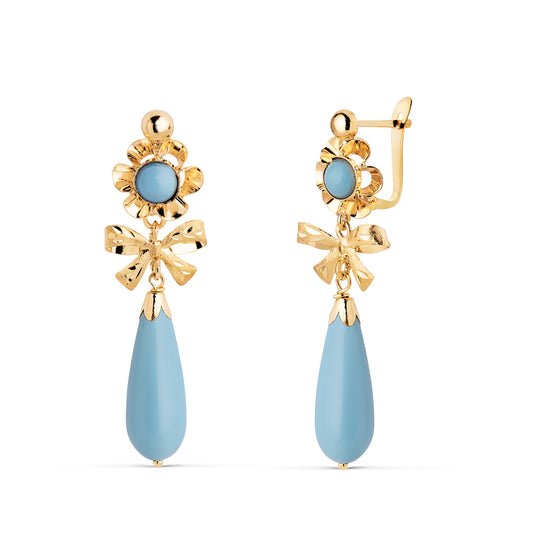 Pendientes Cubanas Lazo Turquesas. Medida: 33 x 10 mm. de oro amarillo 18K