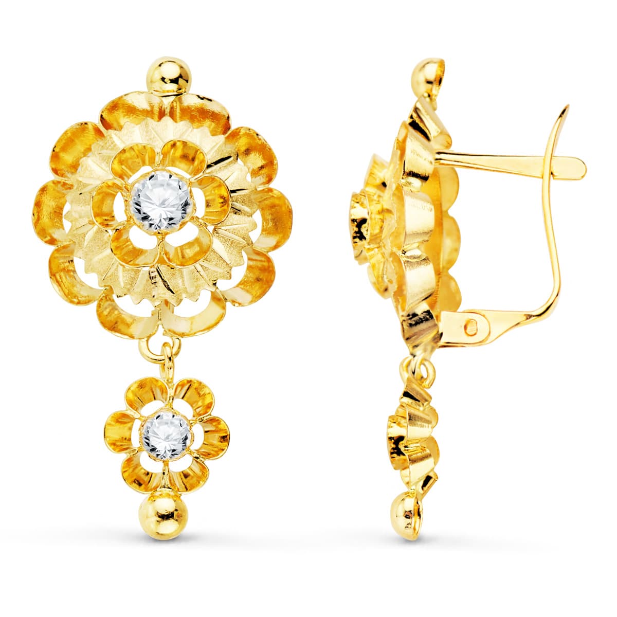 Pendientes Cubanas con Circonita 32 x 16 mm de oro amarillo 18K