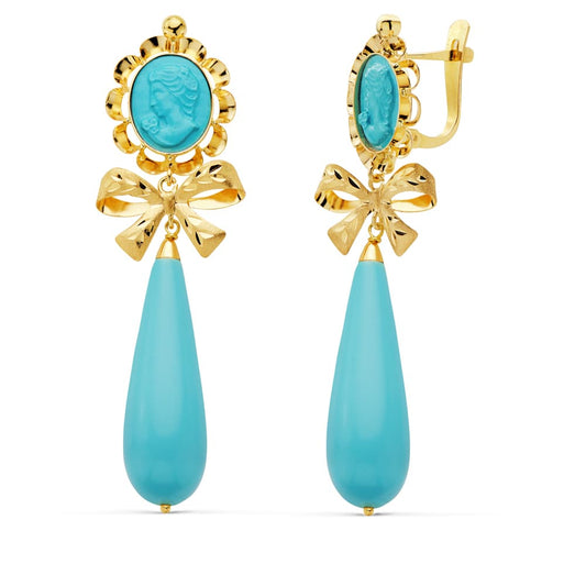 Pendientes Cubanas Camafeo Lazo Turquesa 62 x 18 mm de oro amarillo 18K