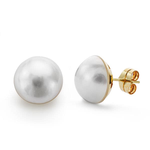 18K PENDIENTES ORO AMARILLO PERLA AUSTRALIANA 13-14 MM CIERRE PRESION
