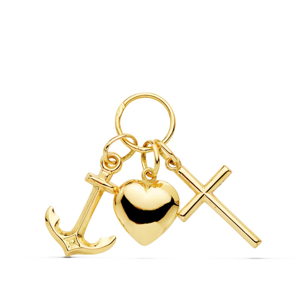 9K COLGANTE ORO AMARILLO TRES VIRTUDES: FE, ESPERANZA Y CARIDAD 25X19 MM