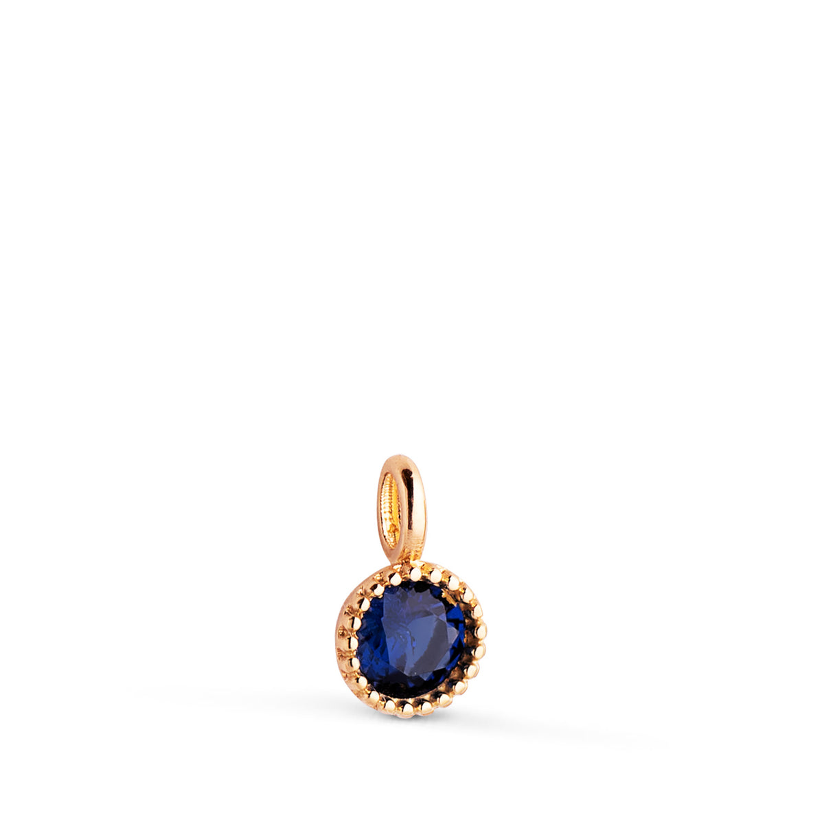 Colgante Redondo Piedra Azul Bordes Bolitas. Medida: 8,5 x 5 mm de oro amarillo 18K