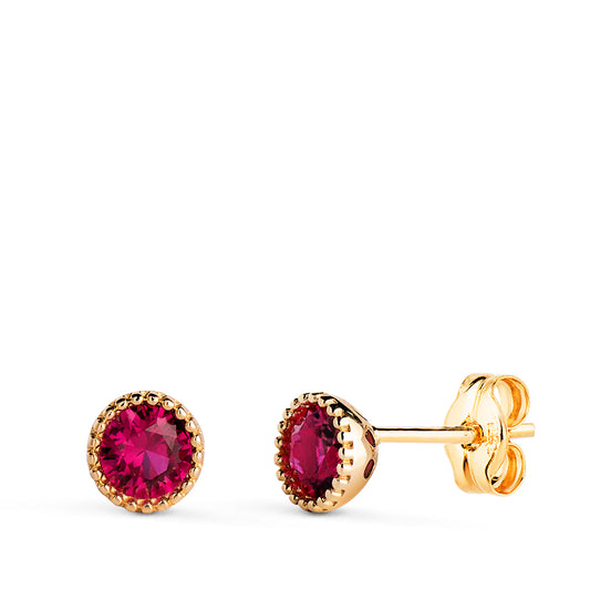Pendientes Redondos Piedra Roja Bordes Bolitas. Medida: 5 mm. de oro amarillo 18K