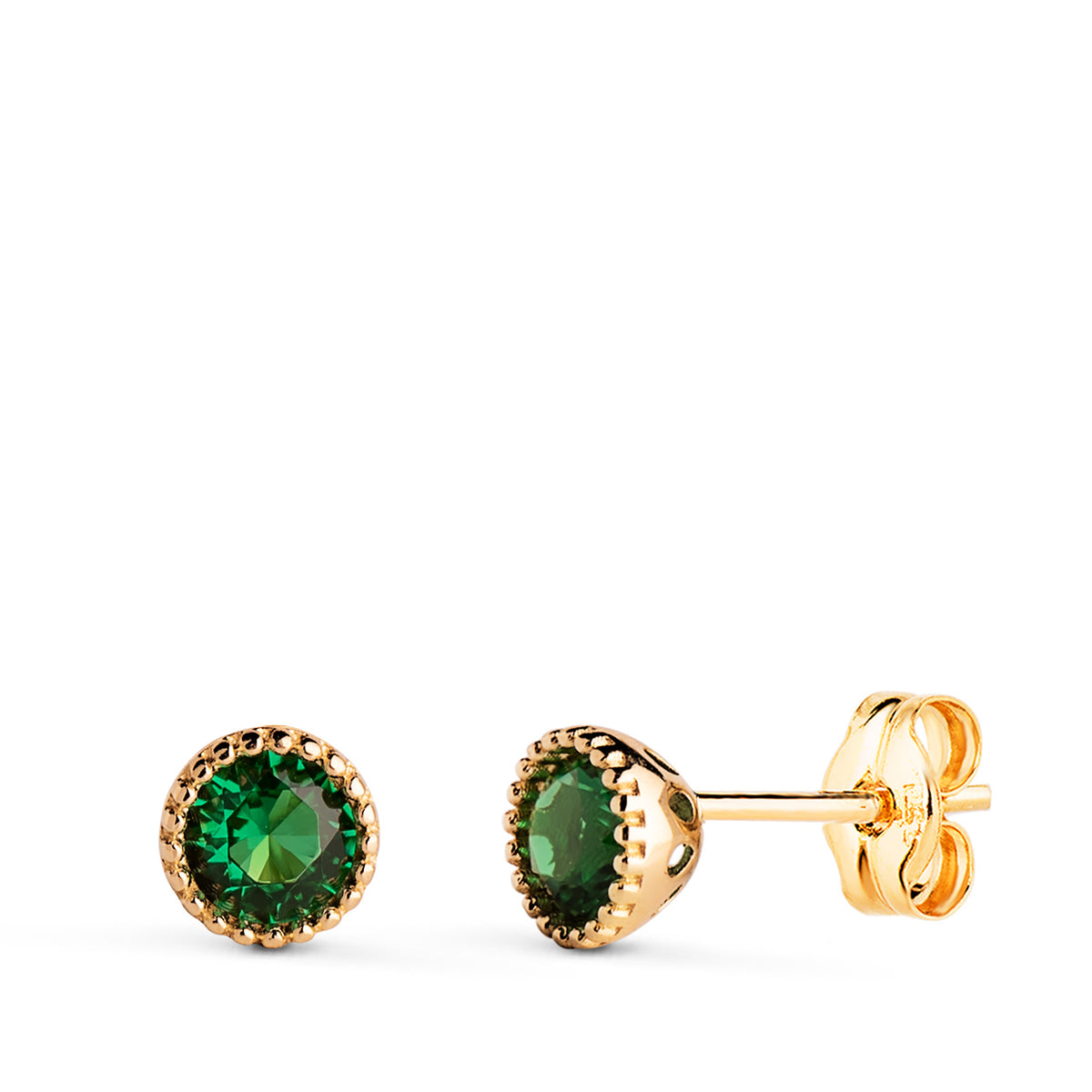 Pendientes Redondos Piedra Verde Bordes Bolitas. Medida: 5 mm. de oro amarillo 18K