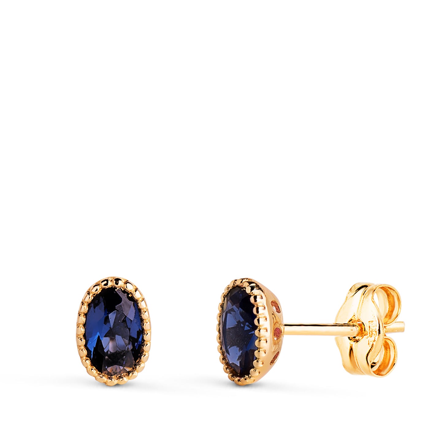 18K PENDIENTES ORO AMARILLO OVAL PIEDRA AZUL BORDES BOLITAS. MEDIDA: 6 X 4MM. CIERRE PRESION