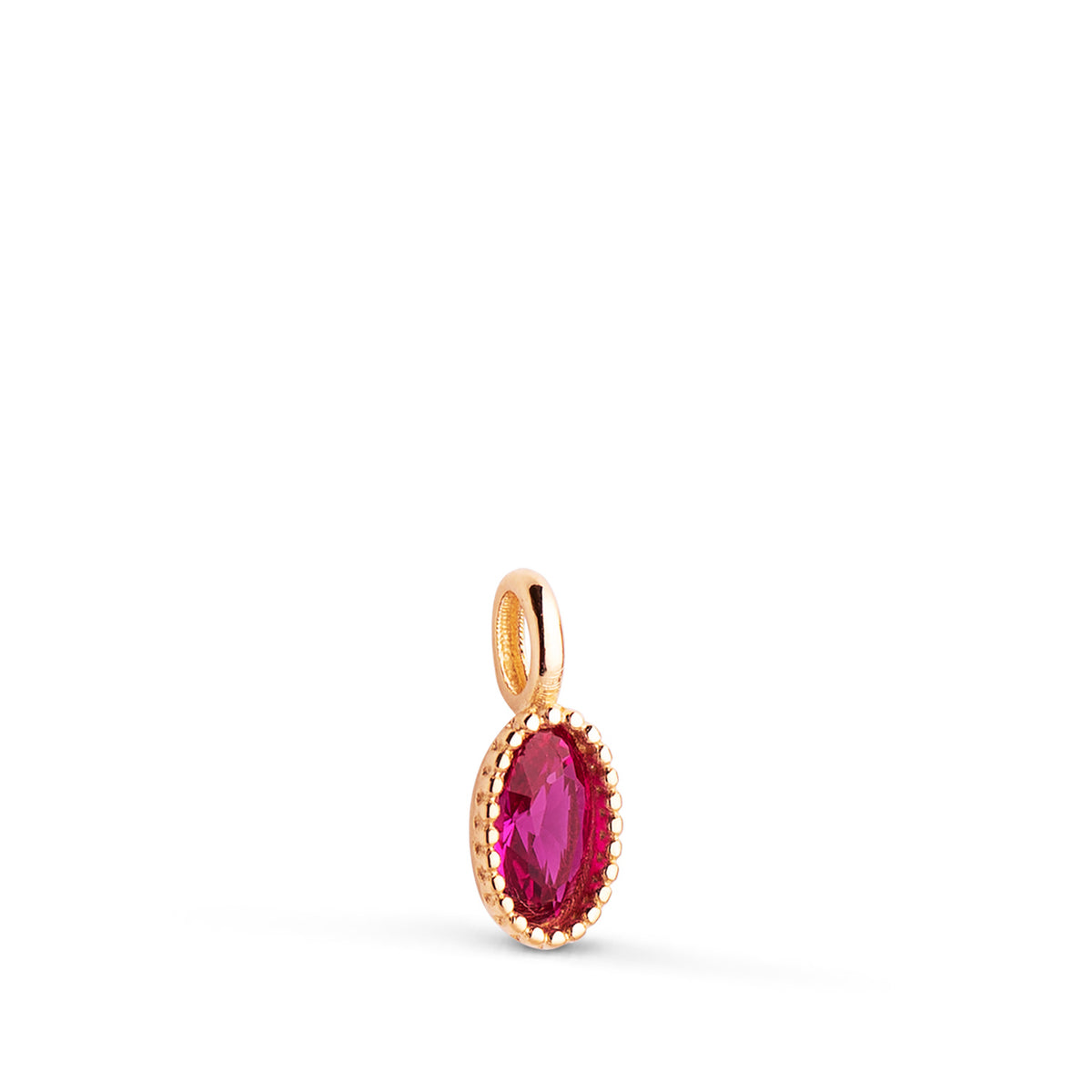Colgante Oval Piedra Roja Bordes Bolitas. Medida: 9 x 4 mm de oro amarillo 18K