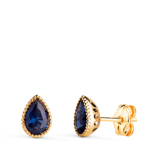 Pendientes Gota Piedra Azul Bordes Bolitas. Medida: 7 x 5 mm. de oro amarillo 18K