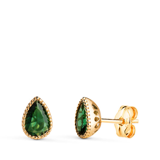 Pendientes Gota Piedra Verde Bordes Bolitas. Medida: 7 x 5 mm. de oro amarillo 18K