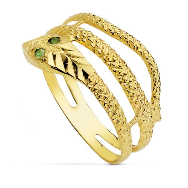 Sortija Serpiente 2 Vueltas Ojos Esmeraldas. Ancho: 10 mm de oro amarillo 18K