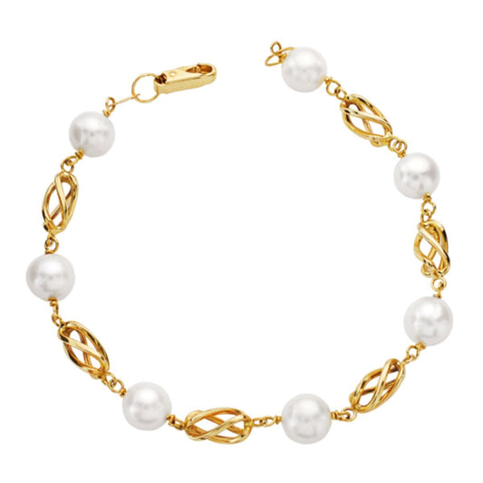 Pulsera Perla Redondas de 8 mm y Jaulas de 19 cm de oro amarillo 18K
