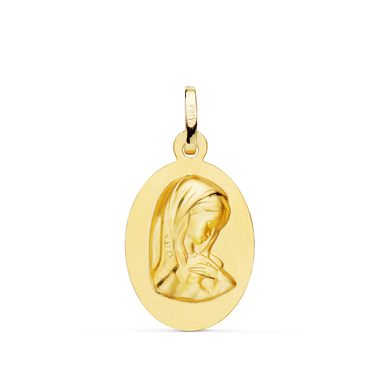 Medalla Virgen Niña Oval Lisa Matizada. Medida: 22 x 14 mm de oro amarillo 18K