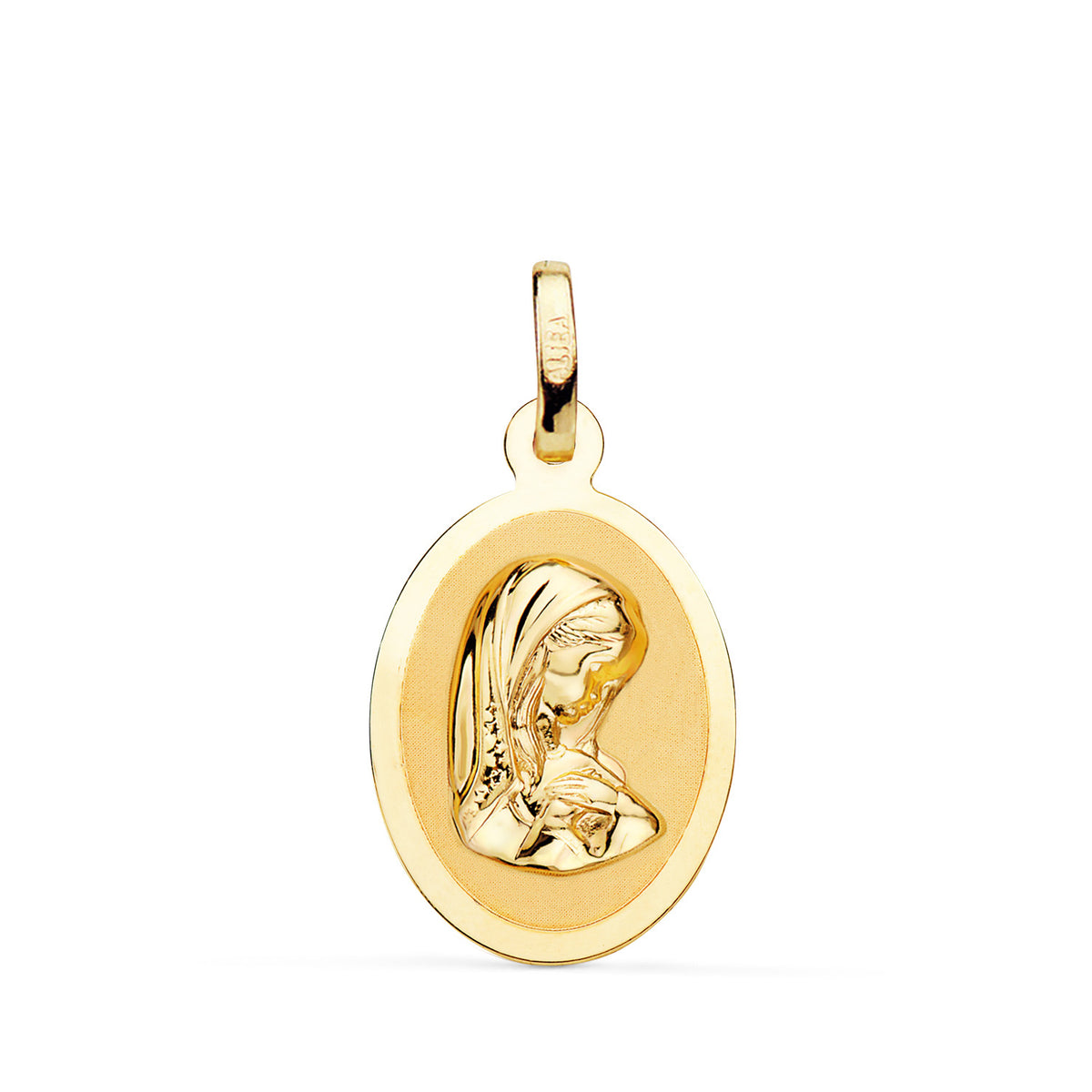 Medalla Virgen Niña en Brillo. Medida: 19 x 12 mm de oro amarillo 18K