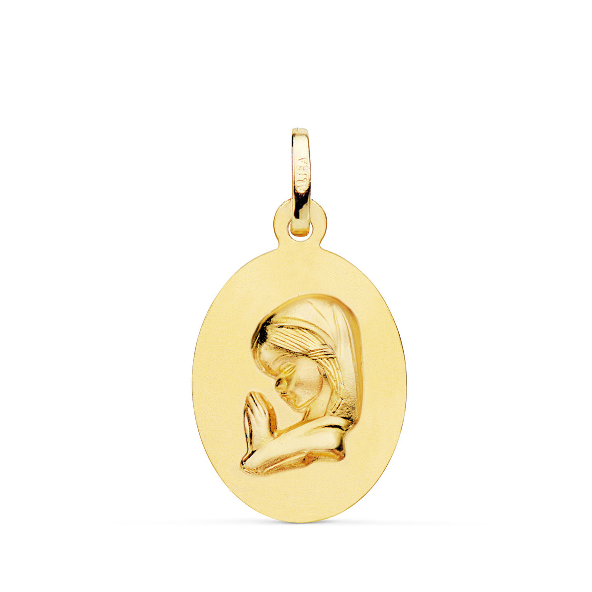 Medalla Virgen Niña Oval Lisa Matizada. Medida: 23 x 15 mm de oro amarillo 18K