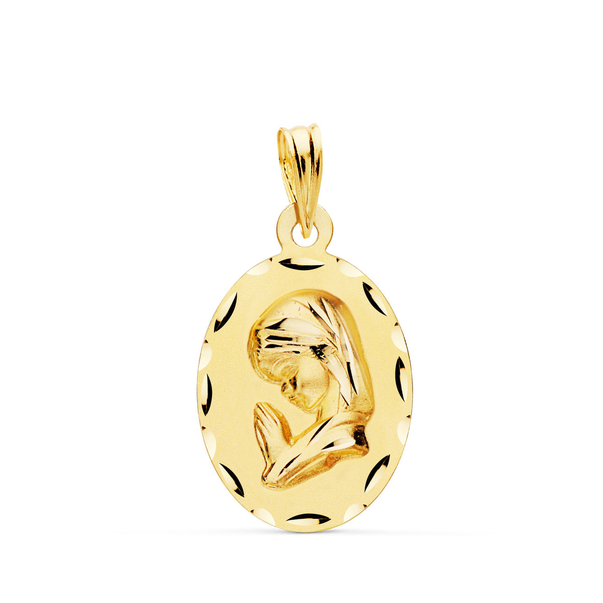 Medalla Virgen Niña Oval Tallada Matizada. Medida: 23 x 14 mm de oro amarillo 18K