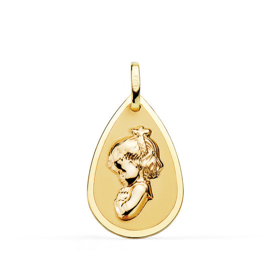 Medalla Virgen Niña Gota en Brillo y Mate 23 x 15 mm de oro amarillo 18K