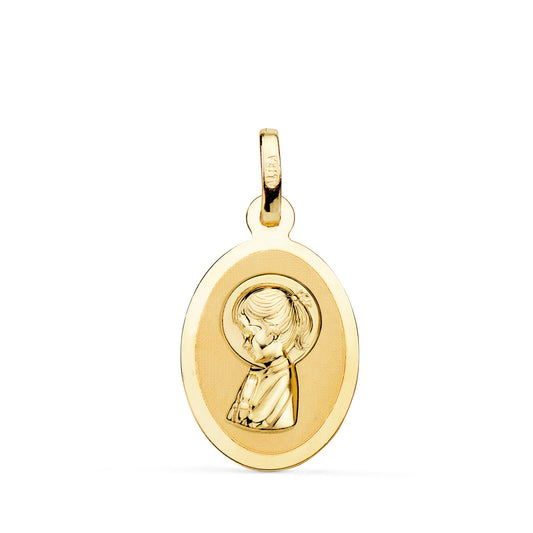 18K MEDALLA ORO AMARILLO VIRGEN NIÑA EN BRILLO. MEDIDA: 19 X 12 MM