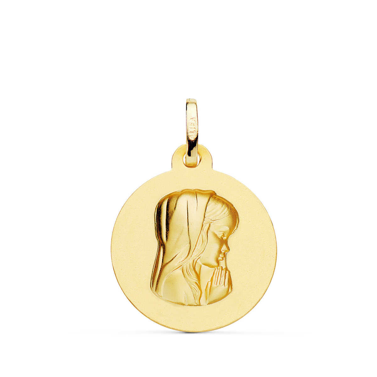 Medalla Virgen Niña Redonda Lisa Matizada. Medida: 20 mm de oro amarillo 18K