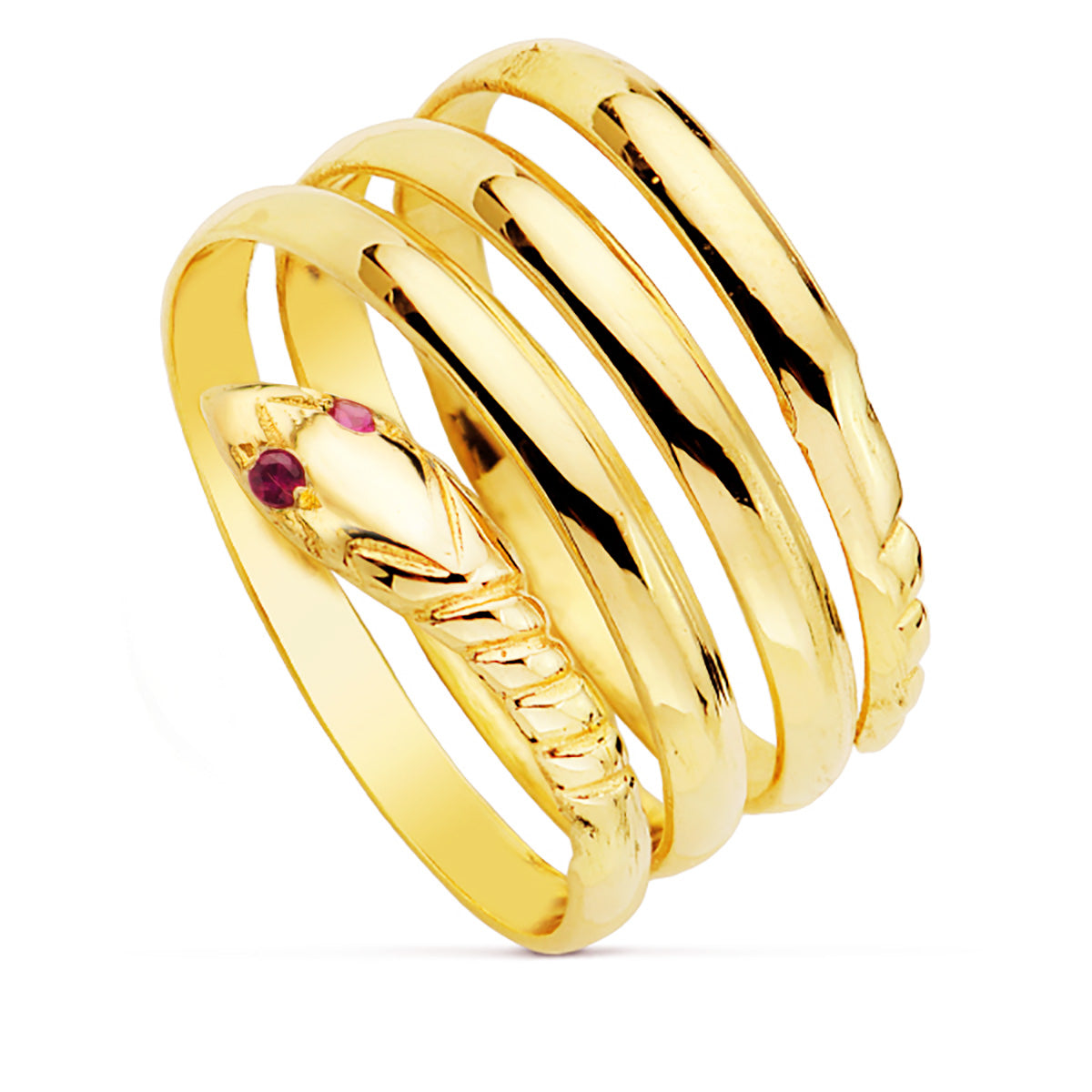 Sortija Serpiente Cuerpo 3 Vueltas Ojos Rubí de oro amarillo 18K
