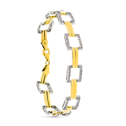 9K PULSERA ORO BICOLOR CUADRADOS Y CIRCONITA 19CM