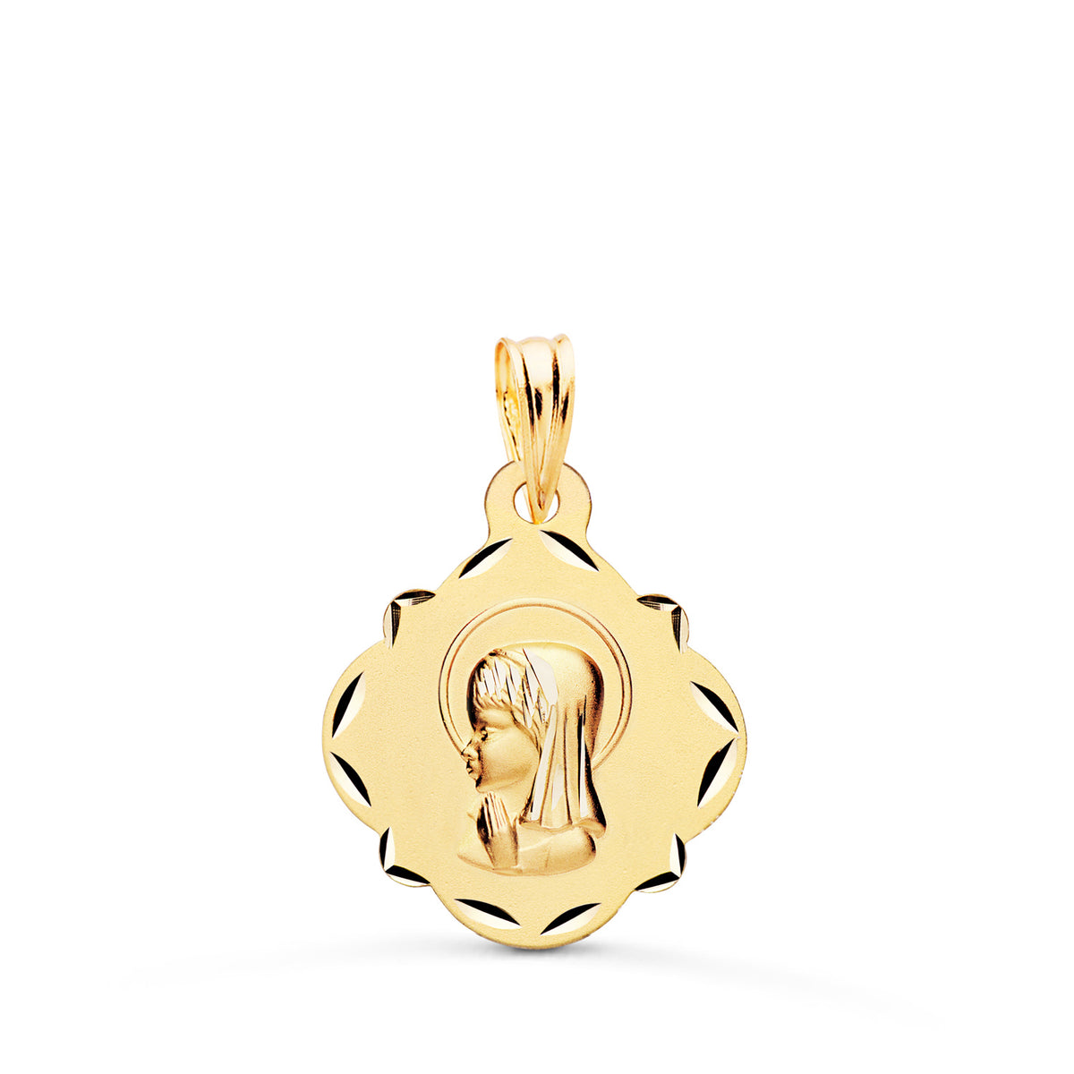 Medalla Virgen Niña Perfil Pandereta Tallada. Medida: 19 x 16 mm de oro amarillo 9K