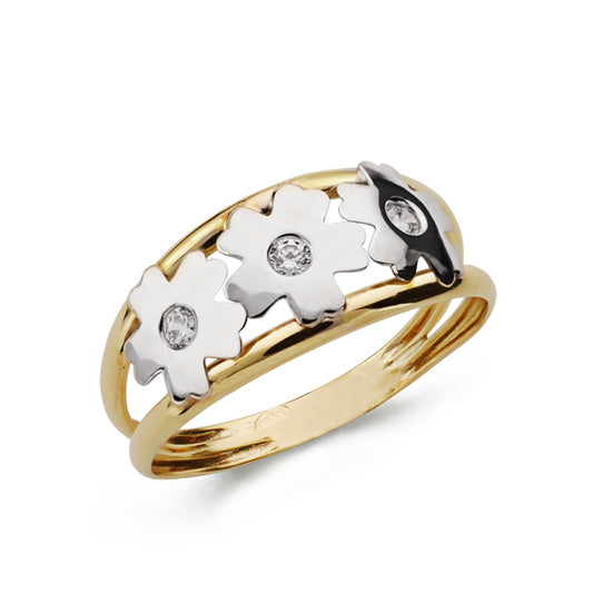 9K SORTIJA ORO BICOLOR DOBLE CUERPO CON FLORES Y CIRCONITAS. ANCHO: 7,5 MM