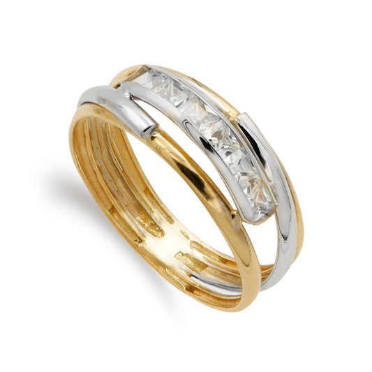 9K SORTIJA ORO BICOLOR BANDAS CON CIRCONITAS EN CARRIL. ANCHO: 6,5 MM